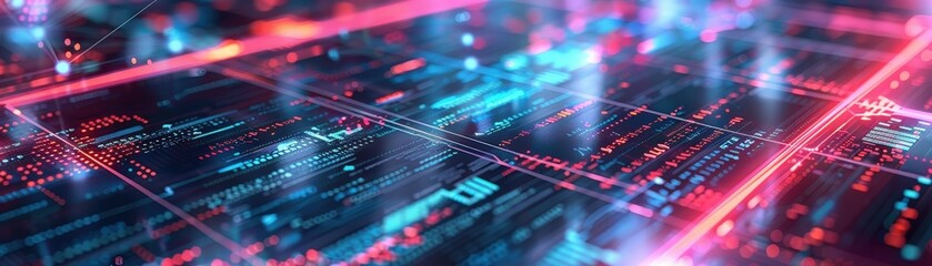 Obraz premium A vibrant digital interface showcasing neon lights and data streams, representing advanced technology and futuristic concepts.