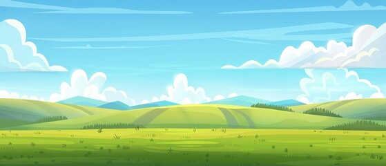 Summer field, hilly landscape, green grass, blue sky with clouds, mountainous terrain, flat style cartoon painting illustration