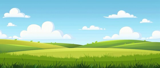 Obraz premium Summer field, hilly landscape, green grass, blue sky with clouds, mountainous terrain, flat style cartoon painting illustration