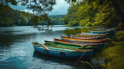 Obraz premium A scenic river with a line of moored boats.