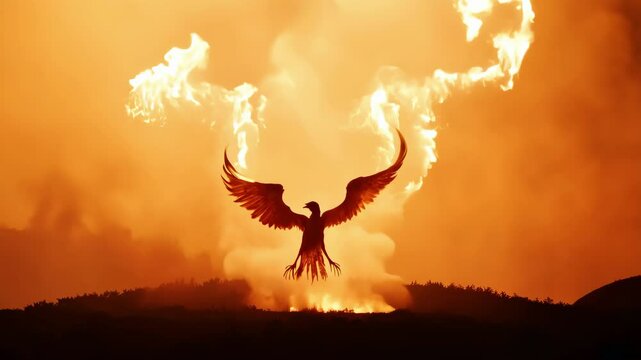 Phoenix bird rising from the fire in spectacular rebirth, mythical 4k animation, flames burning