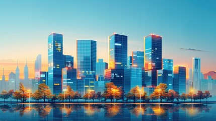 Obraz premium A modern city skyline at sunrise with vibrant reflections on a calm body of water and a line of autumn-colored trees