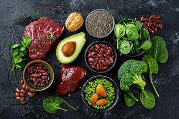 Iron-Rich Foods Collection: Liver, Avocado, Broccoli, Spinach and More on Black Stone Background