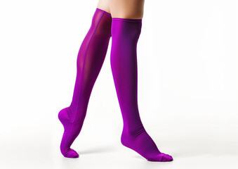 Female legs raised up in purple tights against white studio background, movement