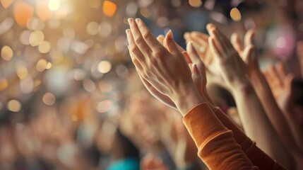 Applause with a blurred crowd behind the scenes Focusing on the hands captures the energy and enthusiasm of the moment. while the ambiguous crowd adds depth and context.