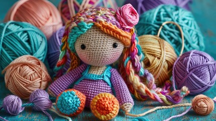 A vibrant handmade crochet doll surrounded by colorful yarn balls on a rustic blue surface