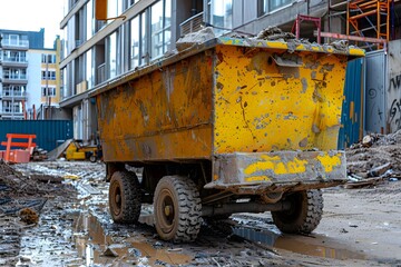 Fototapeta premium Weathered Yellow Construction Cart Amidst Urban Building Site