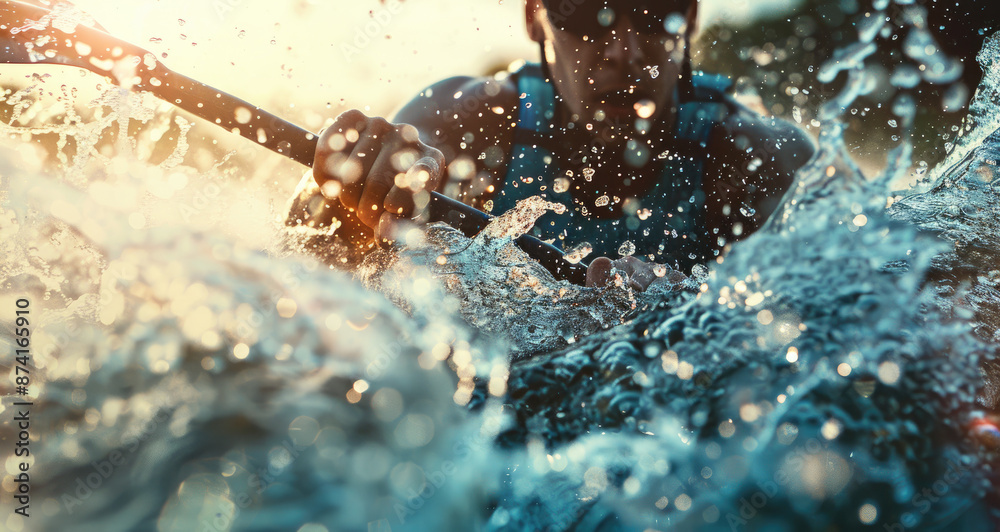 Wall mural A close-up of an athlete in white water kayaking, navigating through rapids with splashes and waves around them.