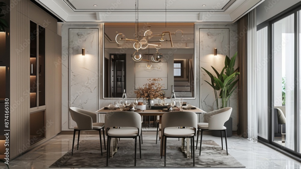 Poster a modern dining room with a large mirror reflecting a modern chandelier and a view of a balcony. the