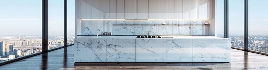 Clean and empty marble countertop, green vintage kitchen furniture with lots of flowers and bowl of strawberries, pair of white hanging pendant lights. AI generated illustration