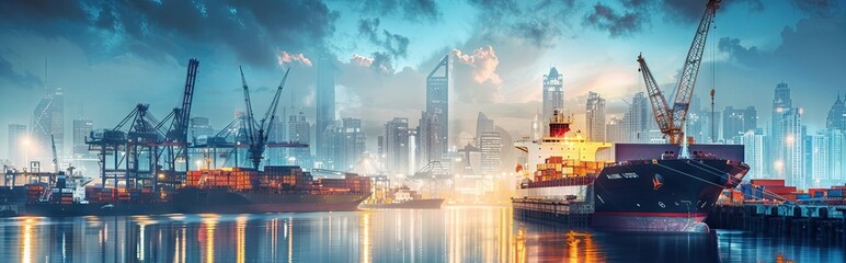 A large container cargo ship is beeing loaded in a commercial dock during sunset. AI generated illustration