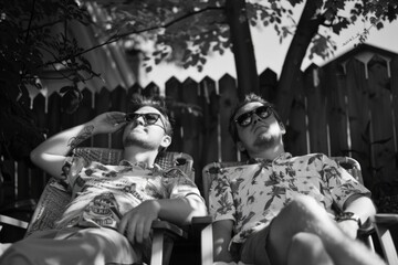 A pair of men sitting side by side, possibly friends or colleagues