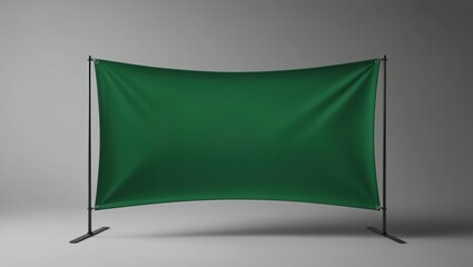 Blank green banner mockup on metal stand, against a plain gray background. For presentations, advertisements, or promotional content, allowing for easy customization with text, graphics, or logos
