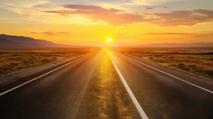 Naklejka premium An empty highway stretching into the horizon at sunset.