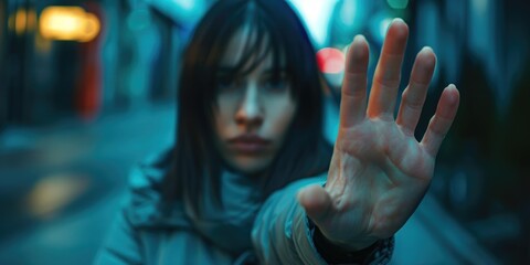 Fototapeta premium A woman holds her hands up in the air, possibly in prayer or in celebration