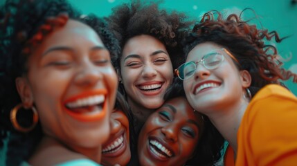 A group of happy women smiling and posing together in a studio setting