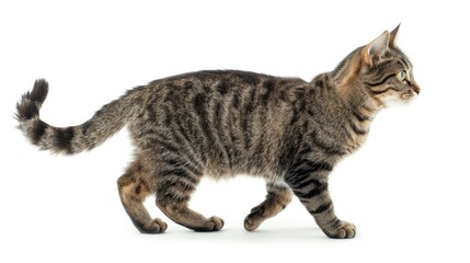 Obraz premium Tabby striped crossbreed cat isolated on white facing the opposite direction