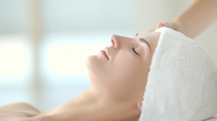 Fototapeta premium Woman receiving a relaxing facial massage at a spa.
