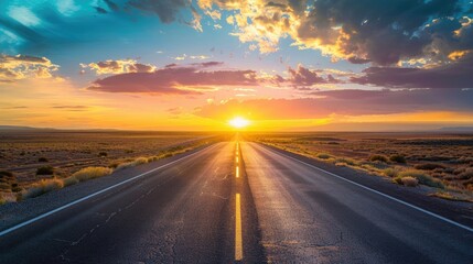 Naklejka premium An empty highway stretching into the horizon at sunset.