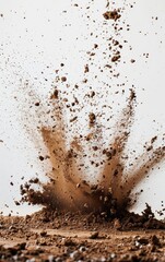 A dramatic explosion of dirt and debris against a white background.