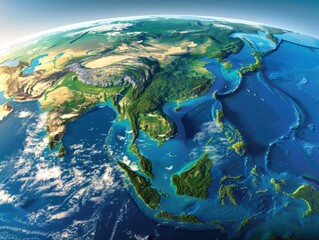 Fototapeta premium A view of the Asia continent from space with clouds and oceans