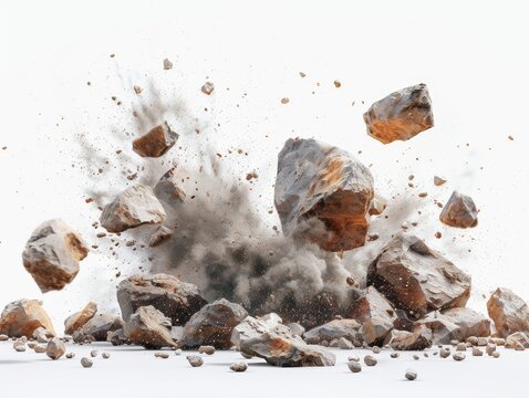 A dramatic explosion of rocks and dust against a white background. The impact sends debris flying in all directions.