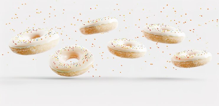 A number of donuts with melted white chocolate and peanut crumb topping floating on a white background