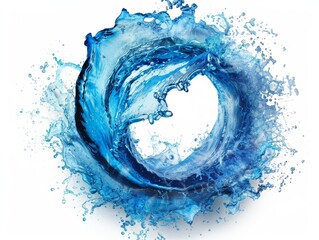 A swirling blue water splash forms a circle against a white background