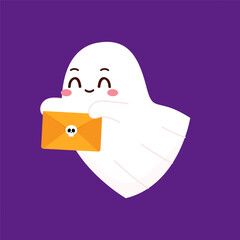Cute ghost floating with Halloween. Funny spooky boo character. Spook phantom with happy smiling face expression. Isolated kids flat vector illustration.
