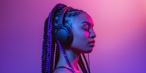 A woman listening to music on headphones against a pink background
