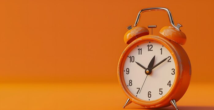 Vintage alarm clock on orange background with copy space, flat lay
