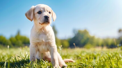Adorable Puppy Sitting on Grass with Blue Sky Background