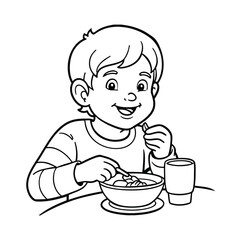 little boy eating breakfast vector line art