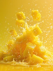A messy kitchen scene with a bowl of macaroni and cheese being splashed with water