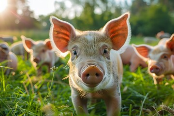 Fototapeta premium Adorable Piglets Enjoying a Sunny Day in the Meadow