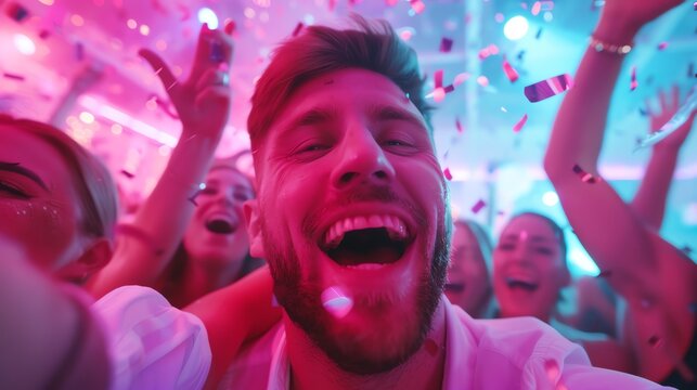 Group celebrates under colorful lights with confetti, capturing joyous expressions and festivity during a lively party or event.