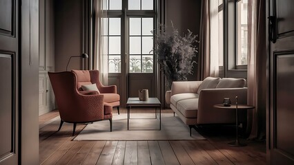 Side view of a modern living room interior with a sofa, armchair