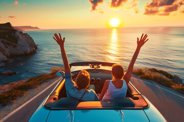 Couple on vacation on the roadtrip having fun driving