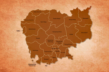 Cambodia Map. Cambodia Map with federal states in A vintage Color Texture Background