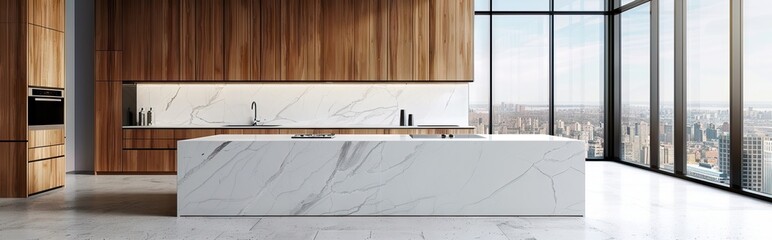 Clean and empty marble countertop, green vintage kitchen furniture with lots of flowers and bowl of strawberries, pair of white hanging pendant lights. AI generated illustration