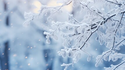 A close-up shot of a tree with thick snow covering its branches and trunk