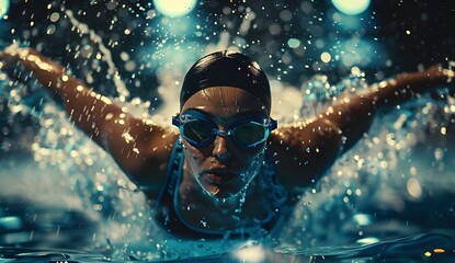 Female swimmer in action, swimming butterfly style