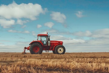Obraz premium Red Tractor Plowing a Golden Field Under a Blue Sky