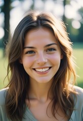 A young Caucasian woman smiling at the camera
