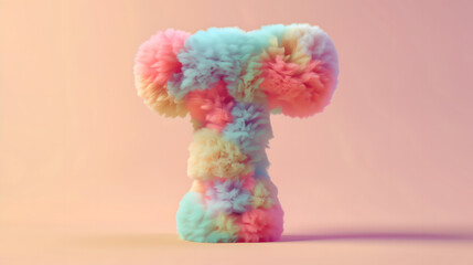 3D rendering of a colorful, furry lowercase letter "T" against a gradient background