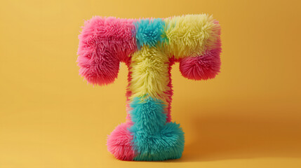 3D rendering of a colorful, furry lowercase letter "T" against a gradient background