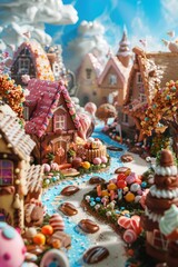 Fototapeta premium A detailed view of a miniature gingerbread village on a table, perfect for holiday-themed projects or foodie illustrations