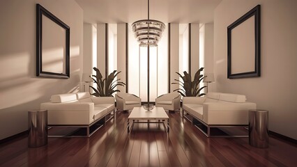 contemporary living room design, two vertical frames on white wall background