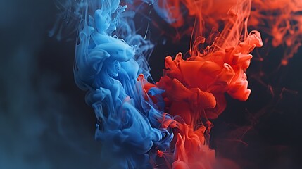 Collision of arctic blue and coral red inks, forming a stark contrast on a black surface,
