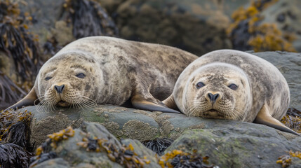 Naklejka premium Two seals resting on rocky terrain covered with seaweed and barnacles. The seals have spotted fur and whiskers, appearing relaxed against a blurred background of rocks